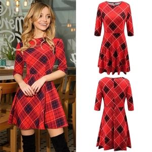 Xmas Red Plaid Dress 3/4 Sleeve Scottish  S